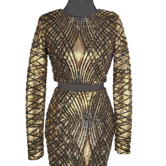 Marciano Gold Sequin Long Sleeve Crop Top & Midi Skirt Set Party Cocktail - Picture 4 of 9